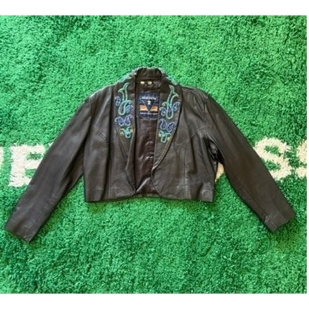 VINTAGE Italiano Leather Jacket Womens ‎ Embellished Western Bolero